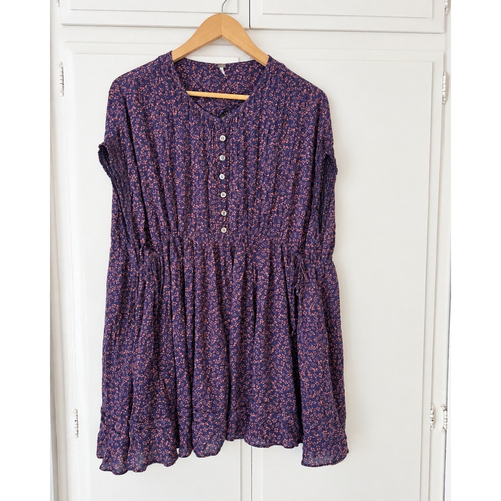 Free People Floral Mini Dress Purple Henley Button Front Boho OB921632 Size M